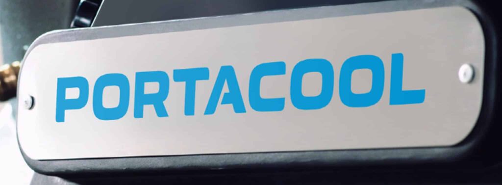 Close-up of metallic sign with "PORTACOOL" in bold blue, highlighting cooling power and safety features.