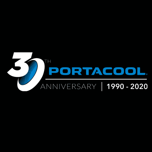 "30" in blue swirl, "PORTACOOL" in blue with black background, celebrating 30 years.