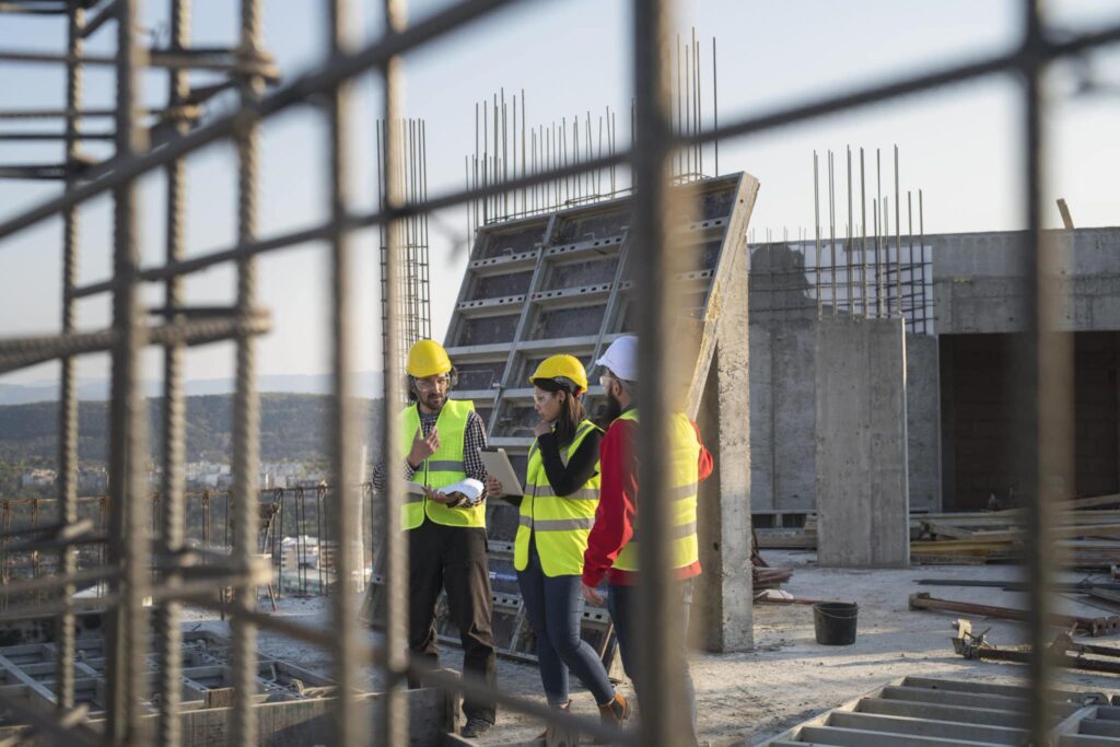 Three construction workers in hard hats and vests discuss at an outdoor site with rebar, concrete structures, and hills under a clear sky.