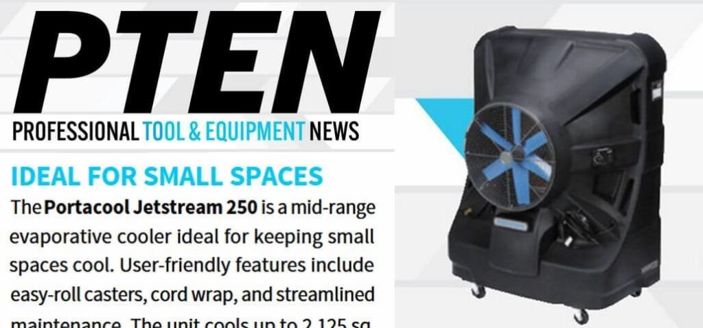 Portacool Jetstream 250: Black cooler with a blue fan, casters, cord wrap; ideal for small spaces and award-winning for innovation.