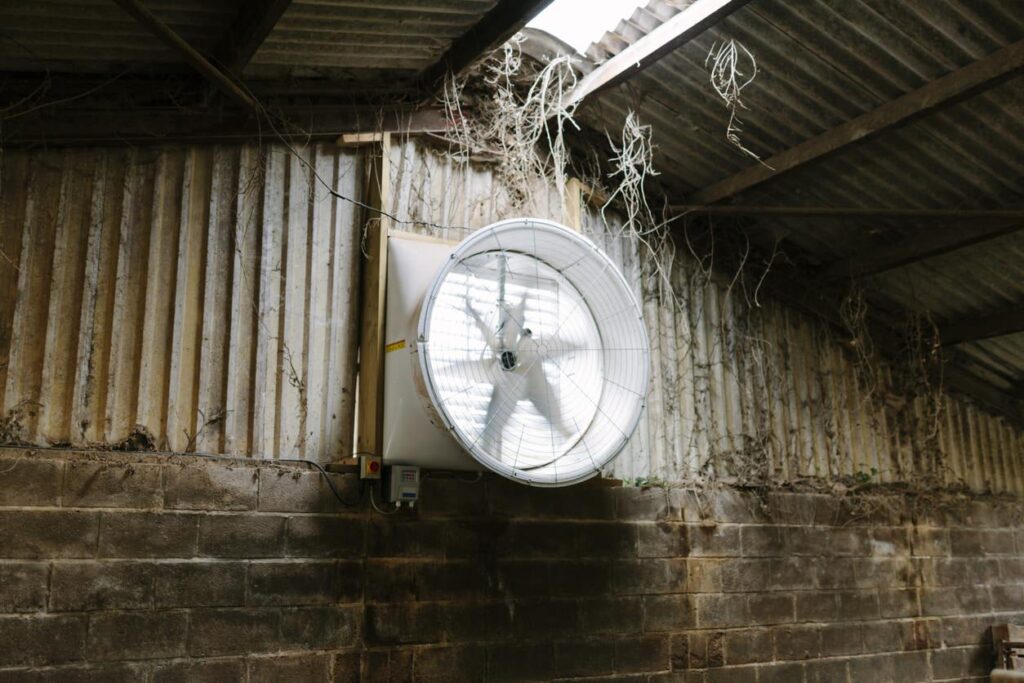 A large industrial unit in circular casing is mounted on a corrugated metal wall, enhancing barn ventilation and cooling.