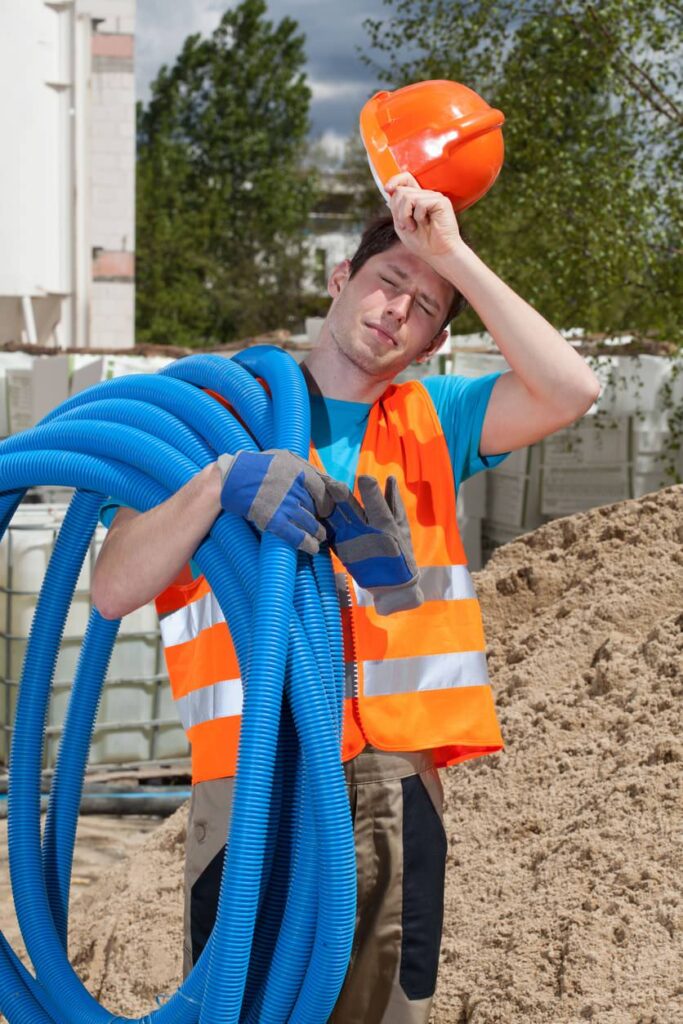 A construction worker in an orange vest wipes sweat away, demonstrating heat illness prevention with blue hoses on a sandy job site with trees and buildings.