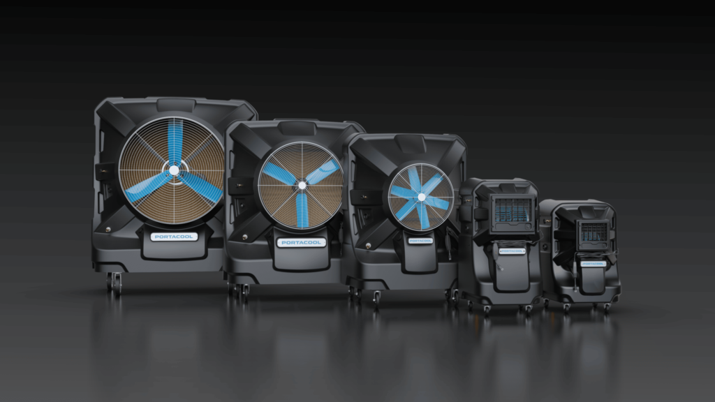 Five portable evaporative coolers of different sizes, with sleek black bodies and blue blades, are lined up against a dark background.