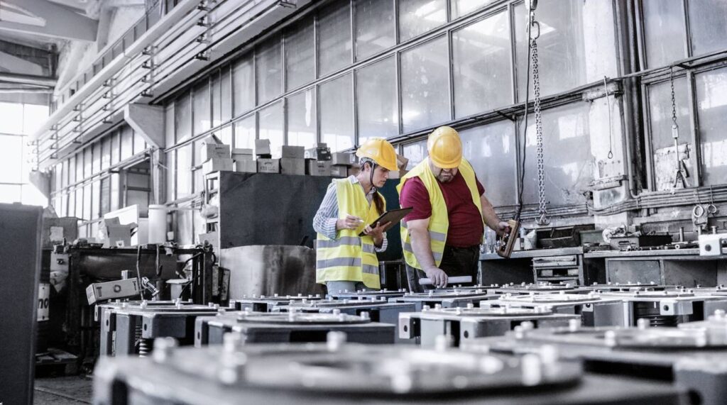 Two workers in safety vests and helmets examine machinery in a warehouse. One uses a tablet; the other points. High ceiling with skylights visible.