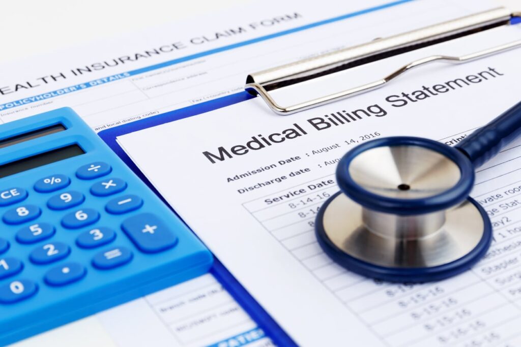 A medical billing statement features a clipboard with a stethoscope and blue calculator on top, showing admission, discharge dates, and medical costs.