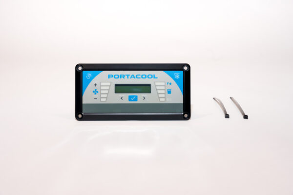 APEX™ 6500 Digital Control Panel for PORTACOOL, highlighting buttons and screen. Two cable ties nearby enhance its elegant design.