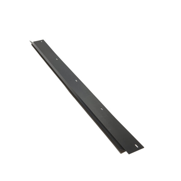 A black metal APEX™ 4000 Media Flap bracket, long and narrow with evenly spaced holes, lies flat on a white background, angled right.