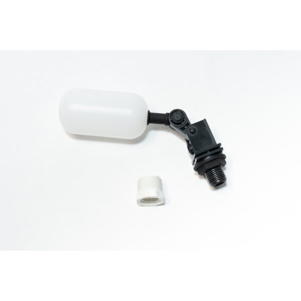 APEX™ Replacement Float Valve Kit on a white surface includes a float valve with arm, black connector, and cylindrical component for plumbing repairs.