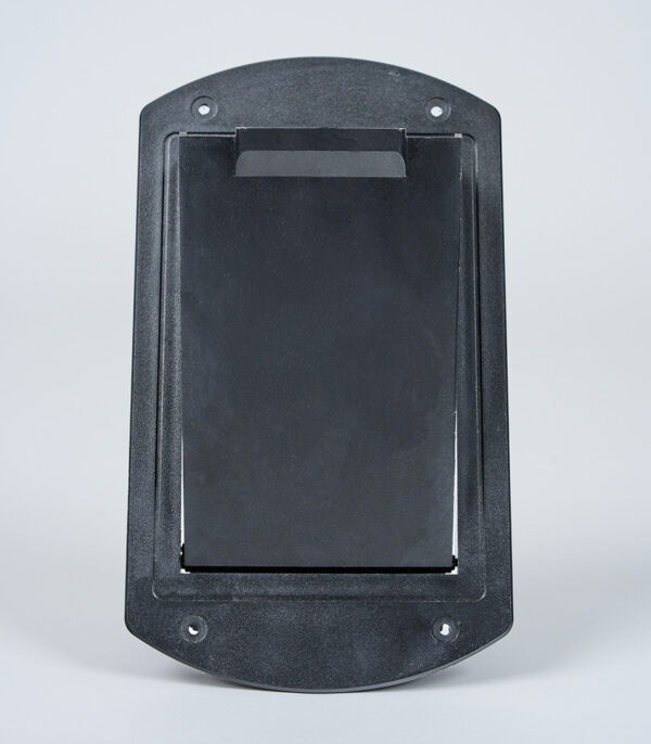 Black rectangular APEX™ Replacement Fill Door. Soft gray background.