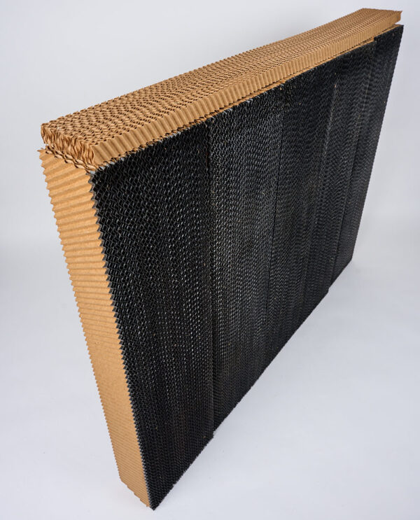 Rectangular black-textured cardboard with honeycomb pattern and brown edges; HydroTek by Replacement Media Set for APEX™ 2000 upright on plain background.