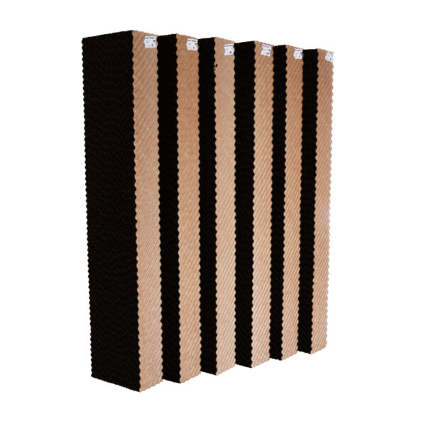 Six vertical, accordion-like cardboard structures with alternating black and brown corrugated layers for Jetstream™ 270 HydroTek™ Replacement Media Set.