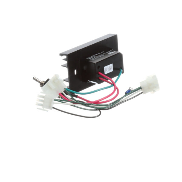 A small electronic component resembling the Jetstream™ 240 Pump Shutoff with a black body, colored wires, white connectors, and a metal toggle switch.