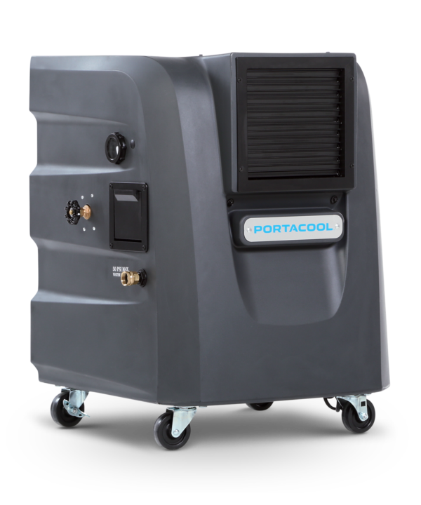 Cyclone™ 120 portable evaporative cooler, sleek black design with blue branding, large front grille, side control dials, and four caster wheels for mobility.