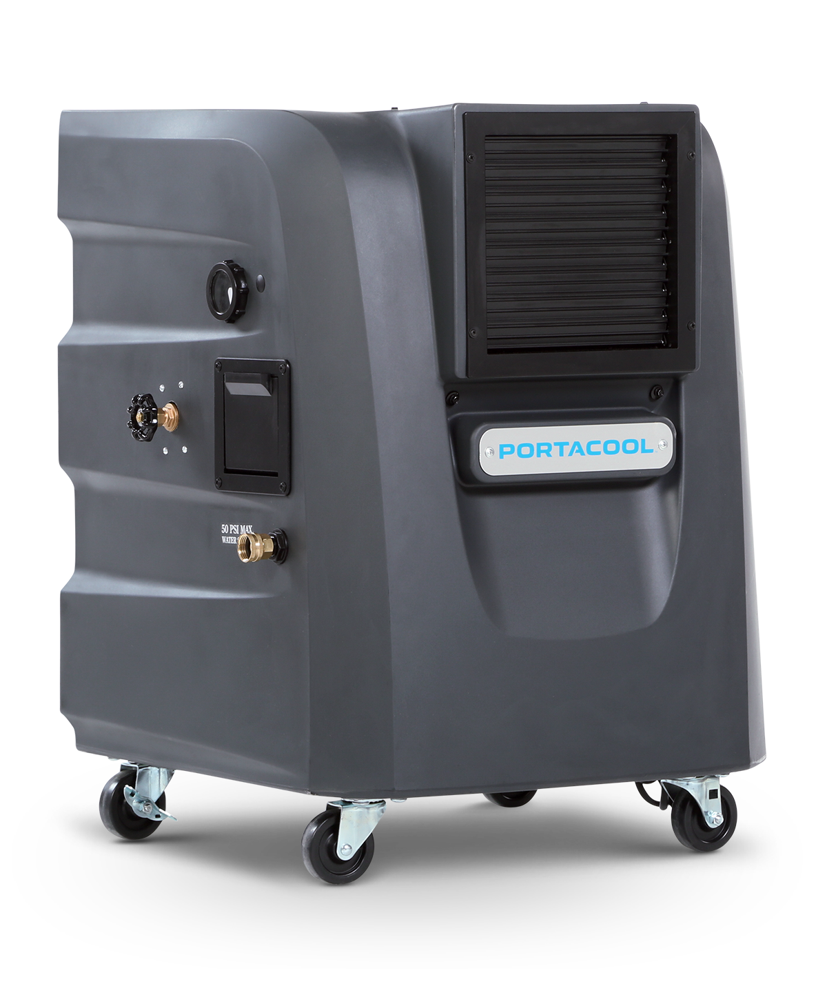 Cyclone™ 120 portable evaporative cooler, sleek black design with blue branding, large front grille, side control dials, and four caster wheels for mobility.