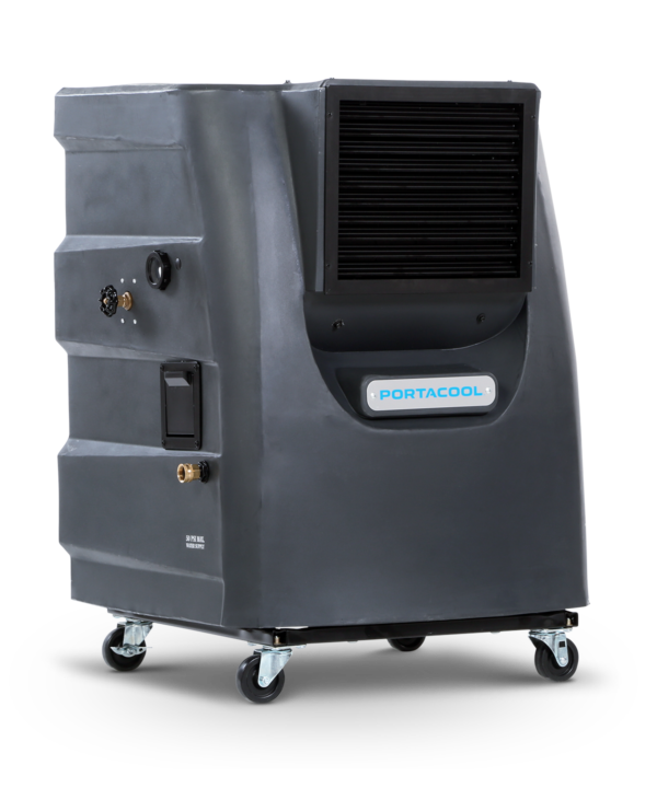 Gray Cyclone™ 130 portable air cooler with black vent, "PORTACOOL" logo, and four caster wheels for easy mobility.