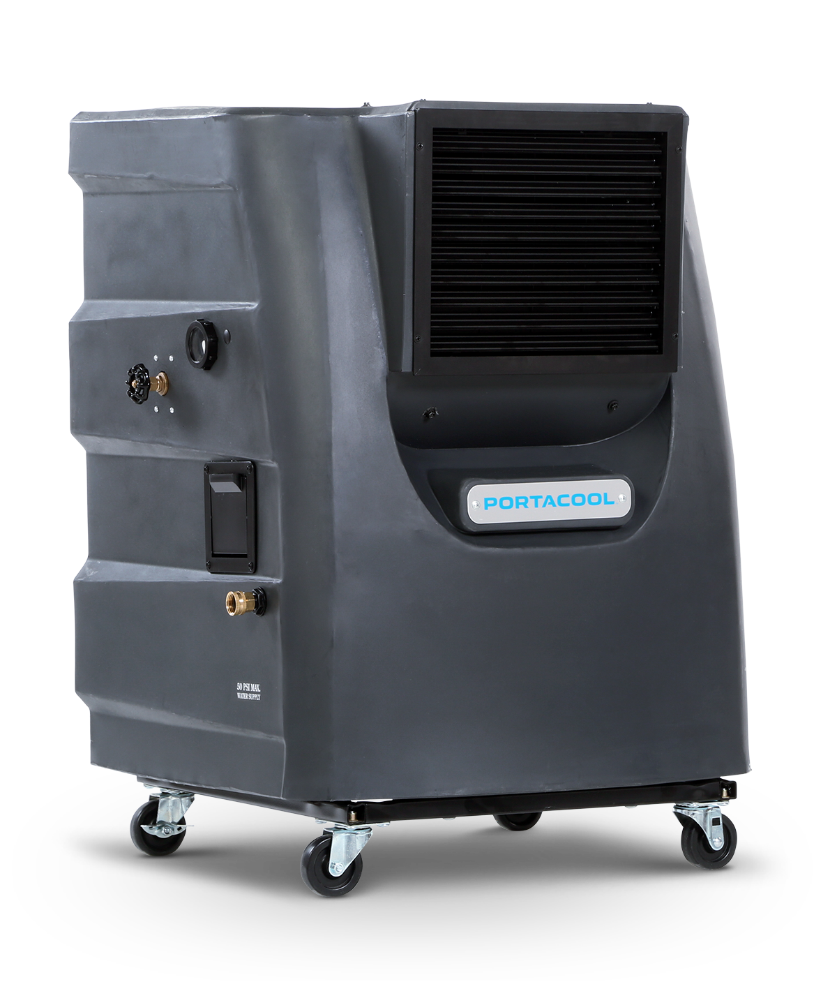 Gray Cyclone™ 130 portable air cooler with black vent, "PORTACOOL" logo, and four caster wheels for easy mobility.