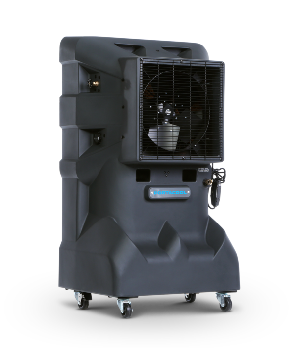 Cyclone™ 140 portable evaporative cooler, dark-colored with wheels, front grille, spacious tank, and side handle for indoor or outdoor use.