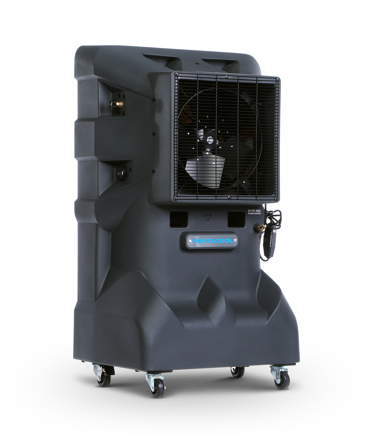 Cyclone™ 140 portable evaporative cooler, dark-colored with wheels, front grille, spacious tank, and side handle for indoor or outdoor use.