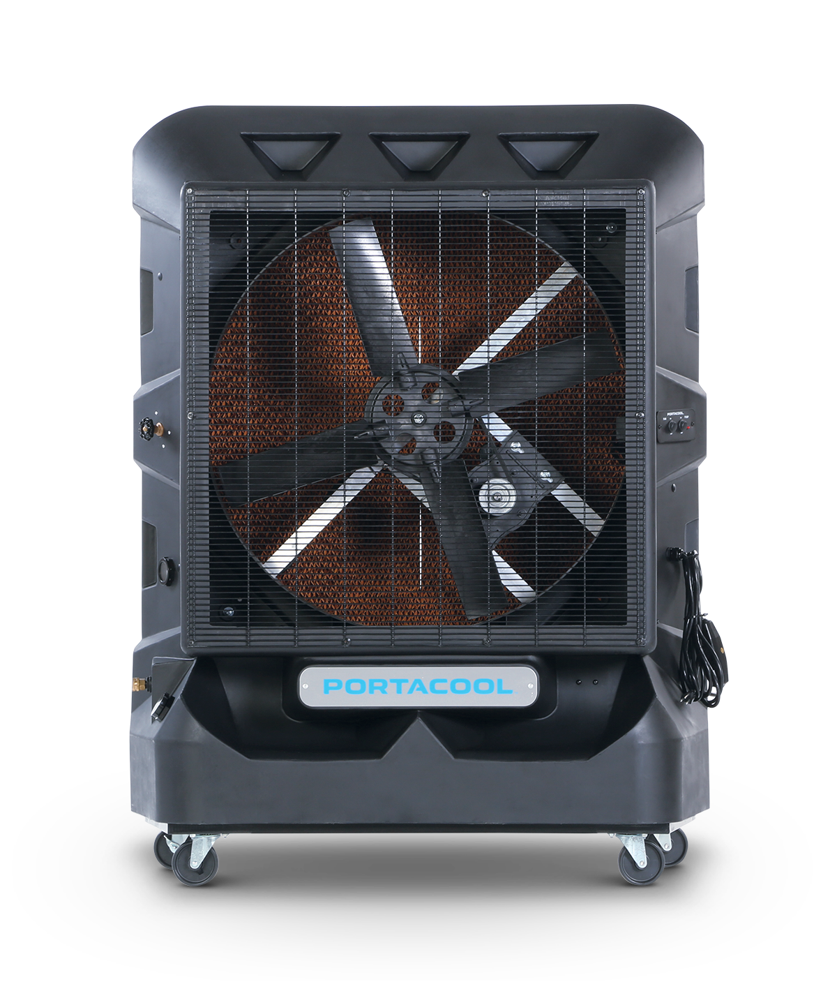 A portable evaporative cooler with a black grill, side control panel, and wheels for mobility.