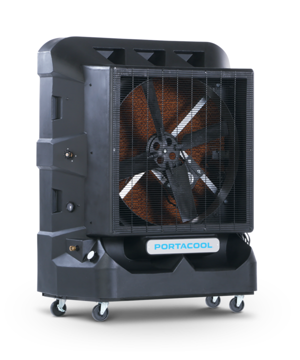 Large black Portacool on wheels with a cooling pad. "PORTACOOL" branding visible, ideal for efficient indoor or outdoor cooling.