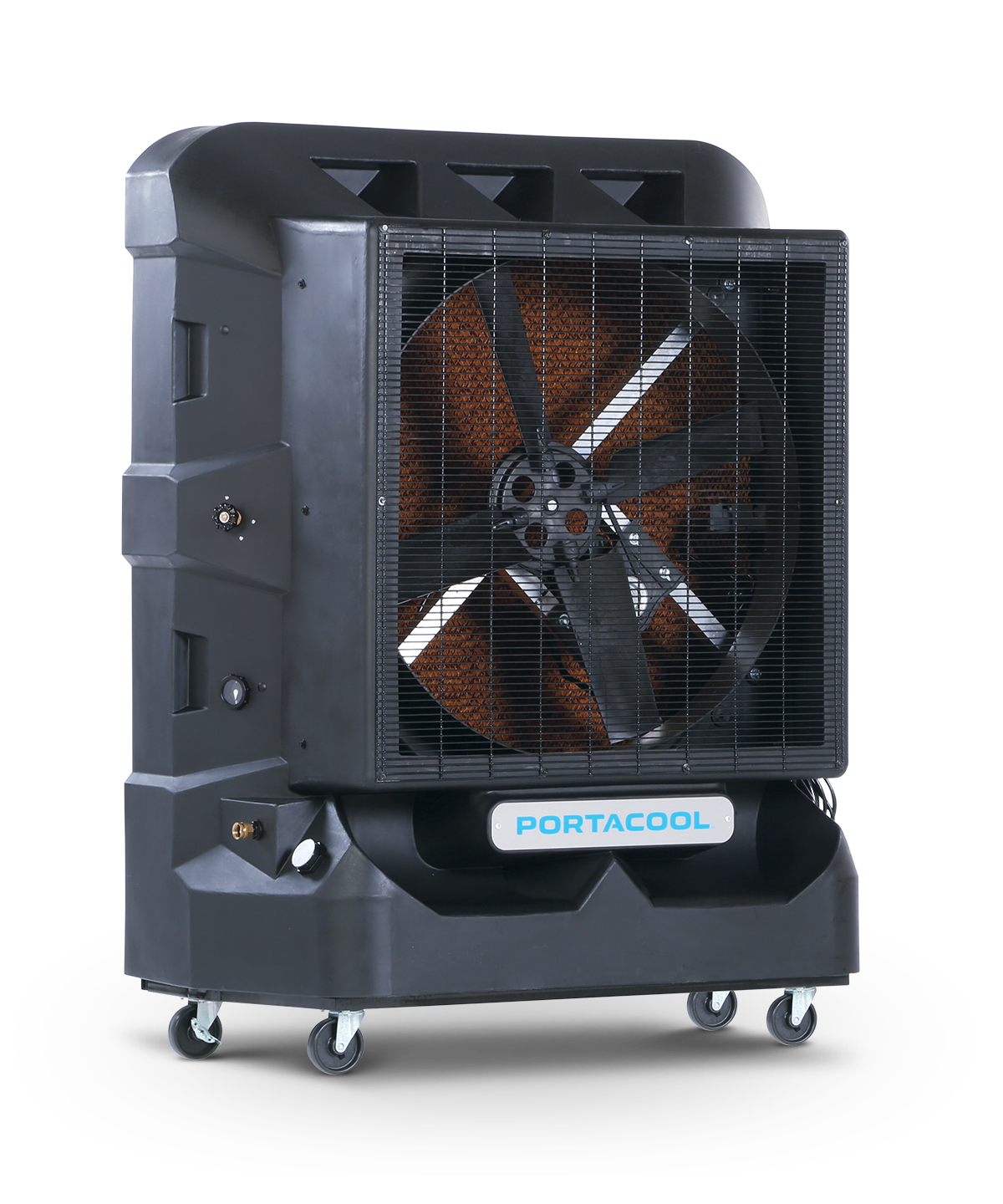 Large black Portacool on wheels with a cooling pad. "PORTACOOL" branding visible, ideal for efficient indoor or outdoor cooling.