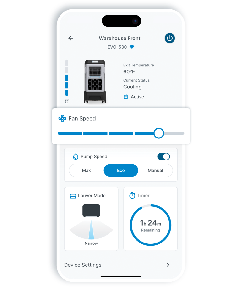 The APEX™ 500 smartphone displays CoolSync™ for with a 60°F exit temperature, active cooling, adjustable pump speed, louver mode, and timer.