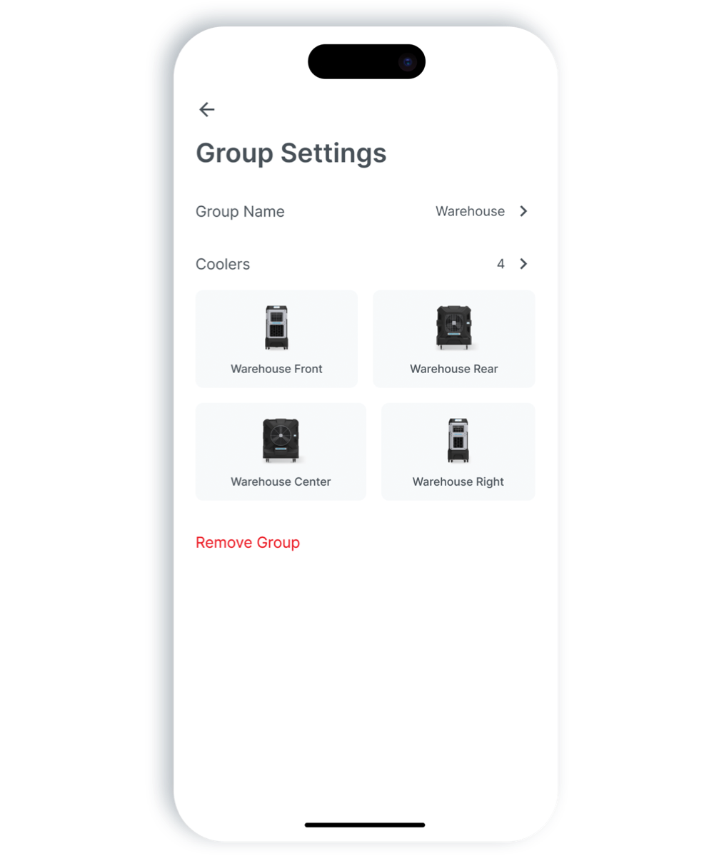 APEX™ 500 smartphone displays "Group Settings" for "Warehouse." Lists: Front, Rear, Center, Right coolers with a red "Remove Group" option below.