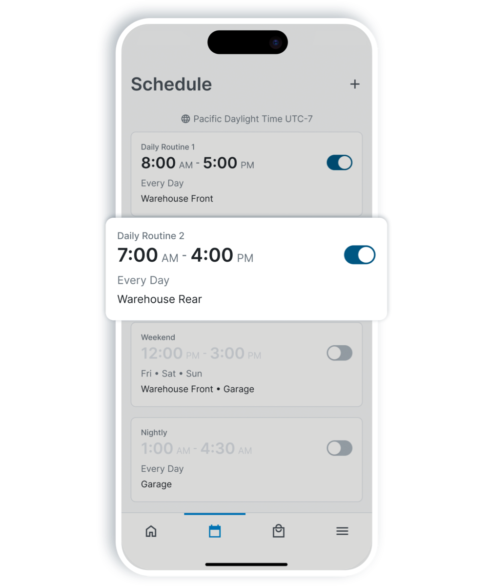 APEX™ 500 smartphone showing the CoolSync™ "Daily Routine 2" schedule from 7 AM to 4 PM at Warehouse Rear, with other entries faded in the background.