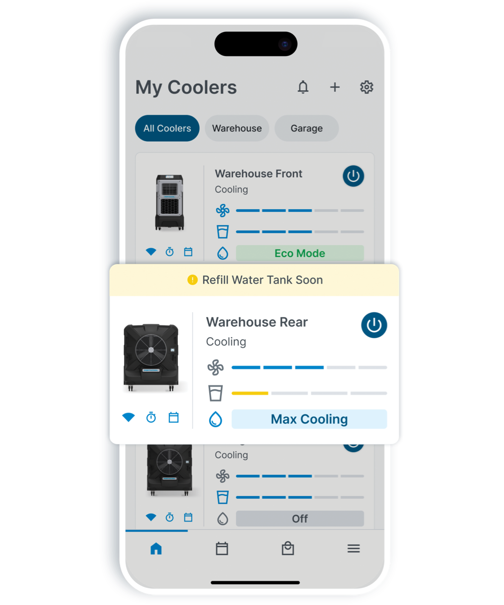 A smartphone displays CoolSync for the APEX™ 500 app with two coolers, "Warehouse Front" and "Warehouse Rear," and a notification to refill the rear cooler's tank.