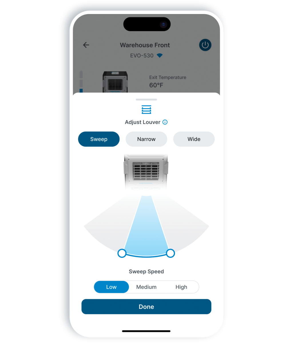 Smartphone screen displaying settings for louver modes, sweep speeds, and temperature at 60°F on the APEX™ 500 app interface.