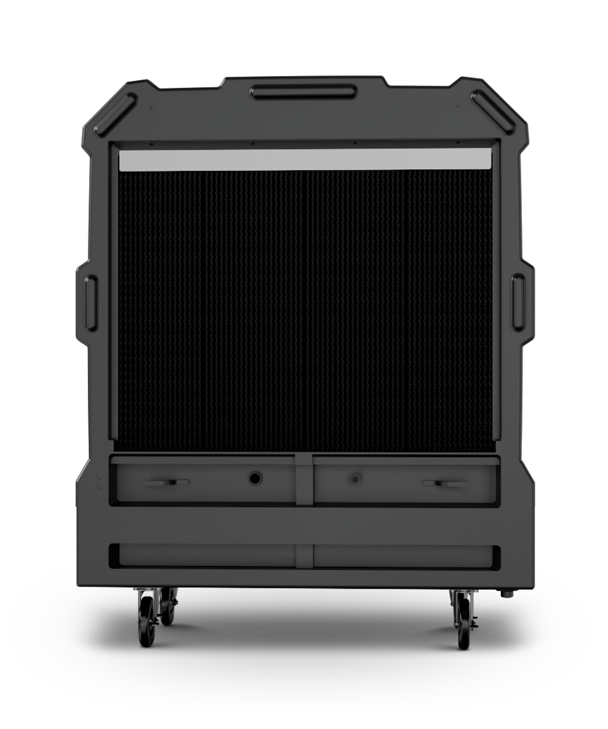 A large black rectangular speaker or equipment case on wheels, with a grid front panel and side handles, set against a black background.