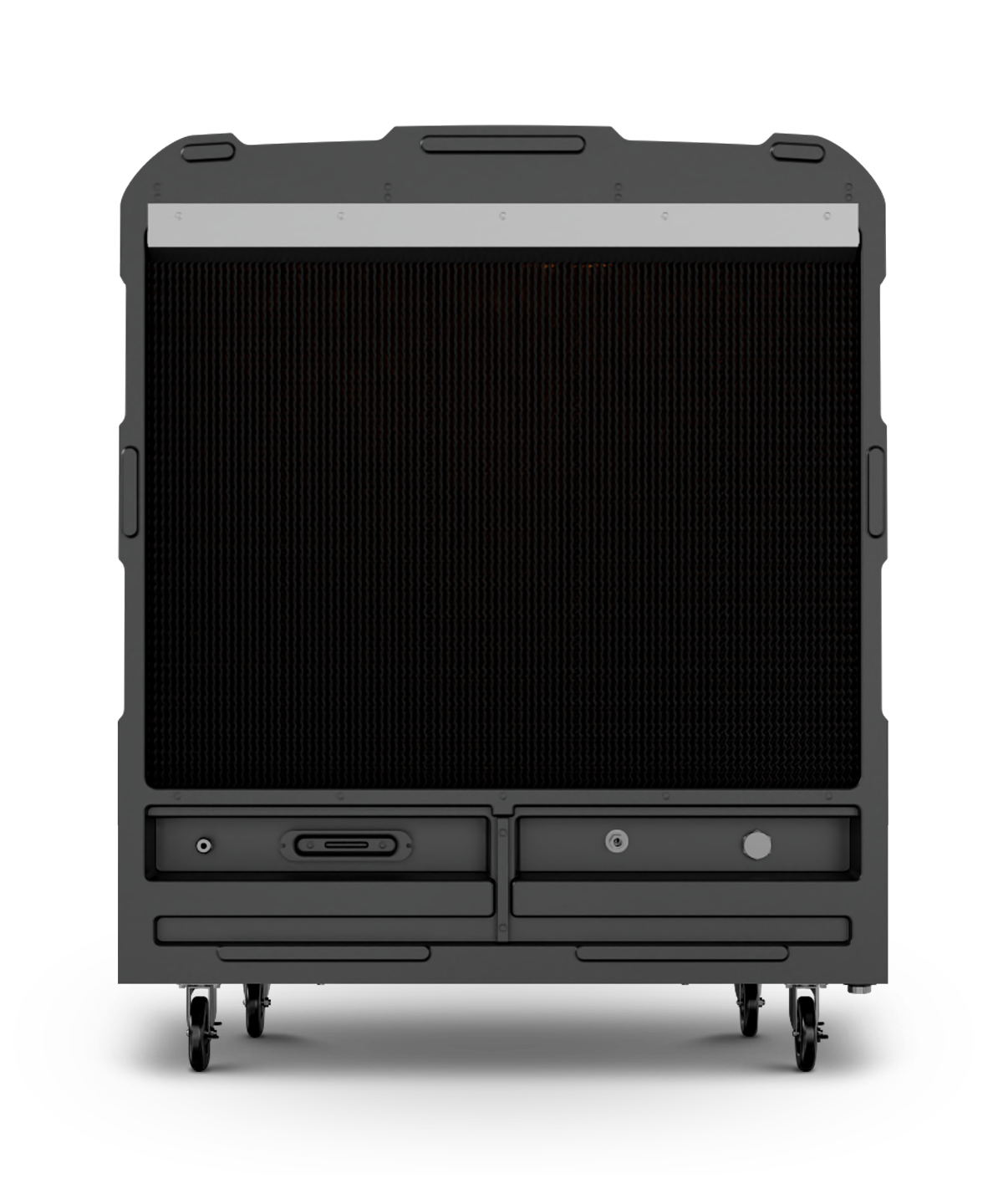 Front view of APEX™ 4000, a black device with screen, top handles, and sliding compartments with knobs, on a black background.