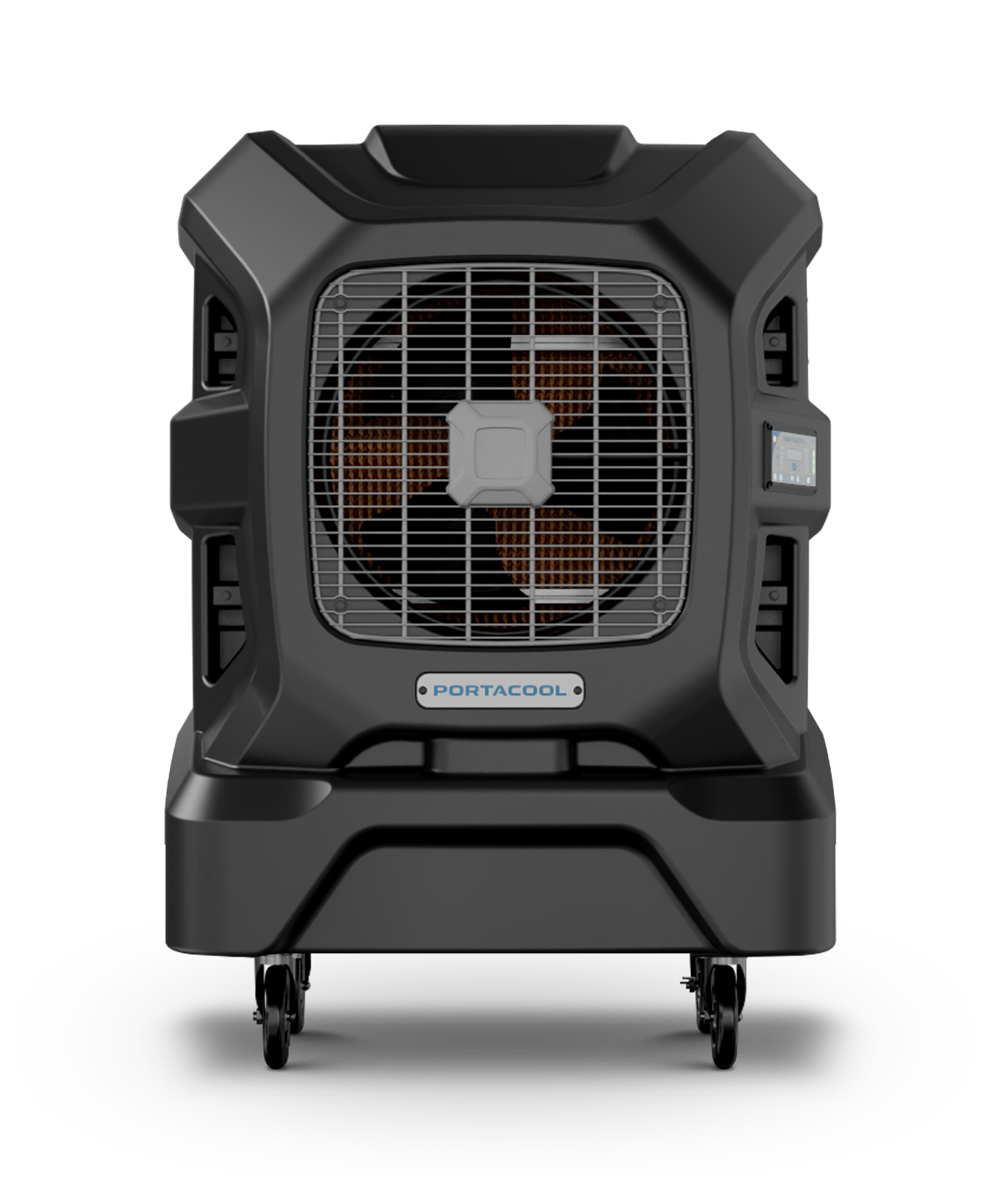 Black APEX™ 1200 evaporative cooler with control panel, durable build, and wheels for easy mobility.