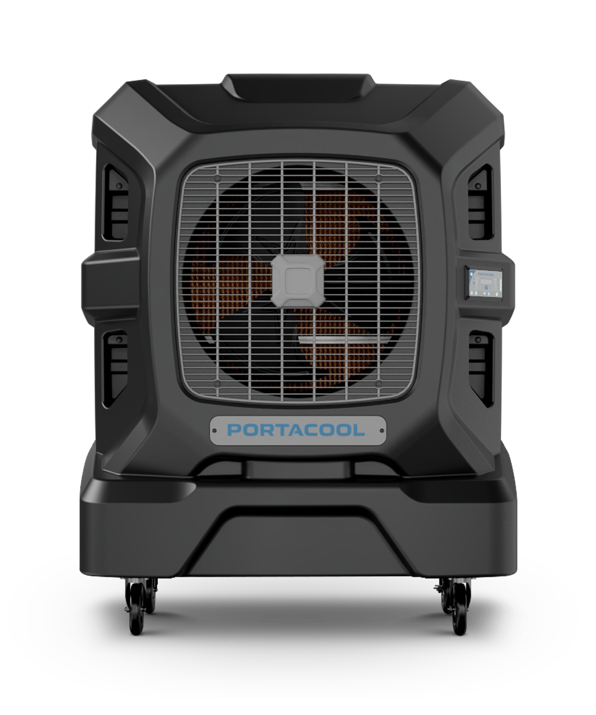 The APEX™ 2000 evaporative cooler in black features a protective grille, brand logo, and wheels for easy mobility.