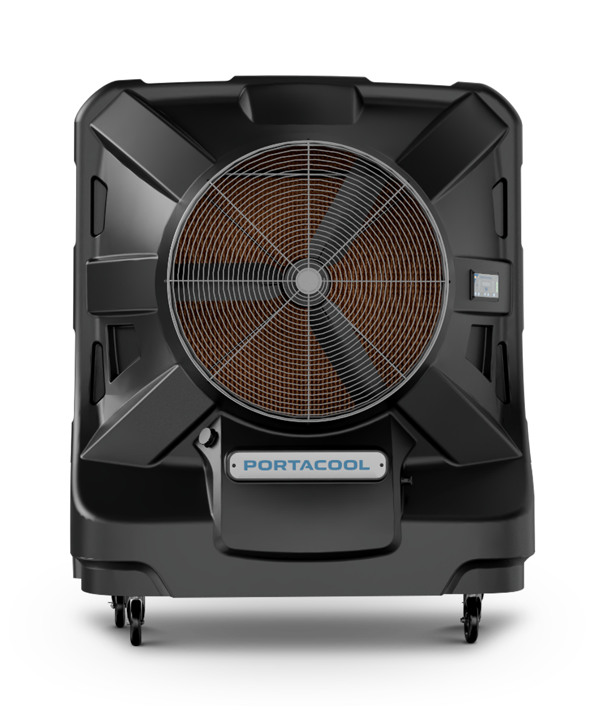 Black APEX™ 4000 evaporative cooler with central grid design, mounted on wheels. "Portacool" brand displayed prominently on the front.