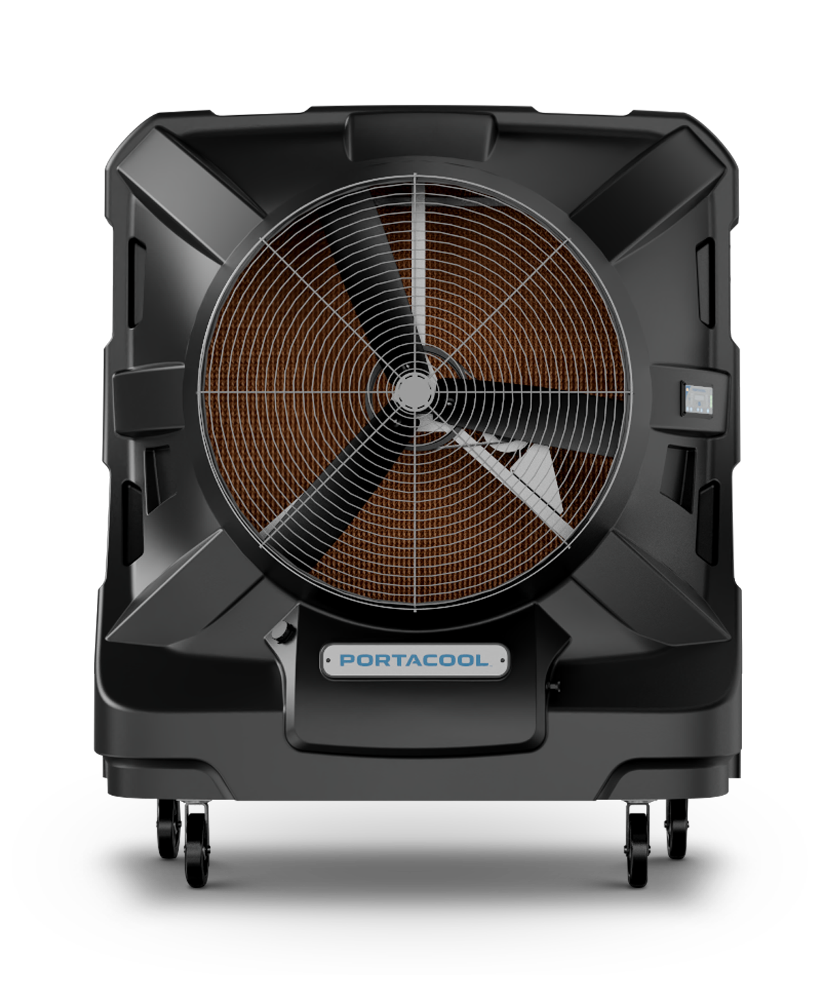 APEX™ 6500 evaporative cooler showing a fan, black casing, wheels for mobility, digital display on right, "Portacool" on front.