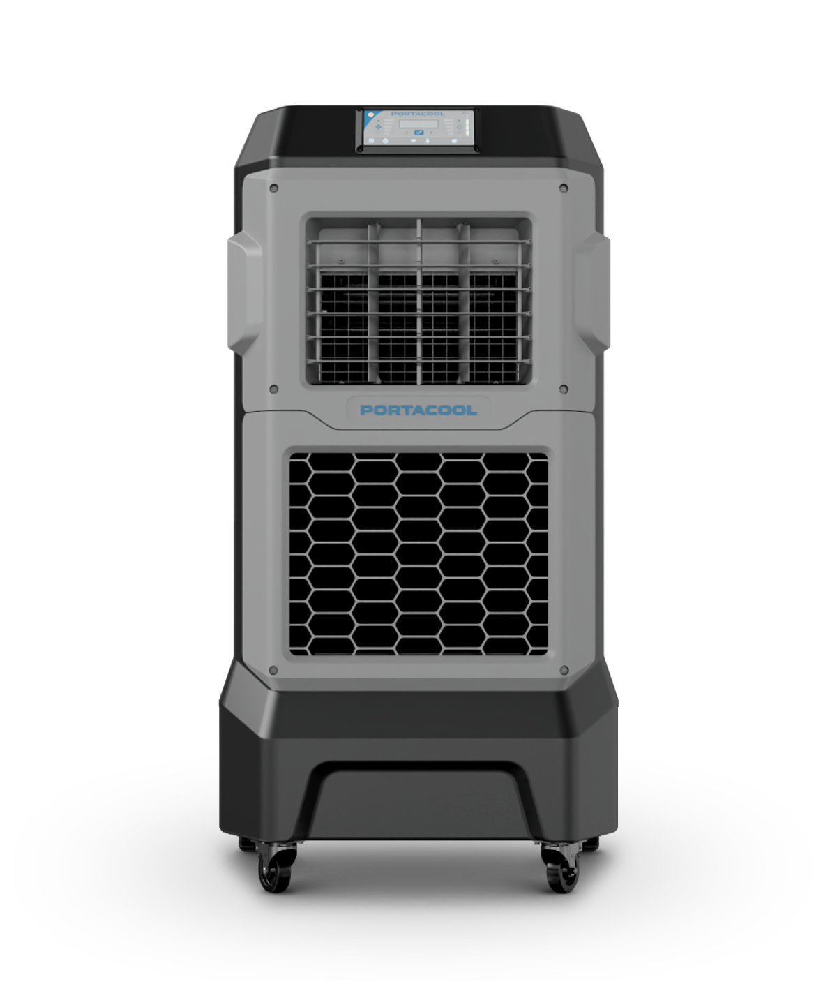 The APEX™ 700 air cooler showcases a rectangular design with top grid vent, honeycomb pattern below, and is mobile on wheels with the "Portacool" front branding.