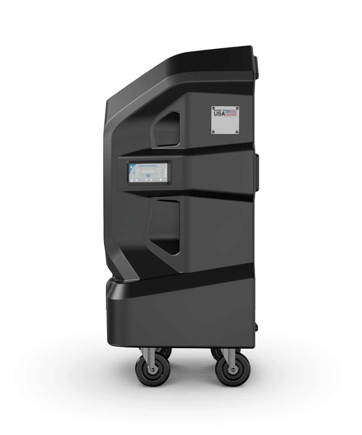 The APEX™ 1200 is a black transport case with industrial wheels, curved design, compartments, and a "USA" marked built-in screen.