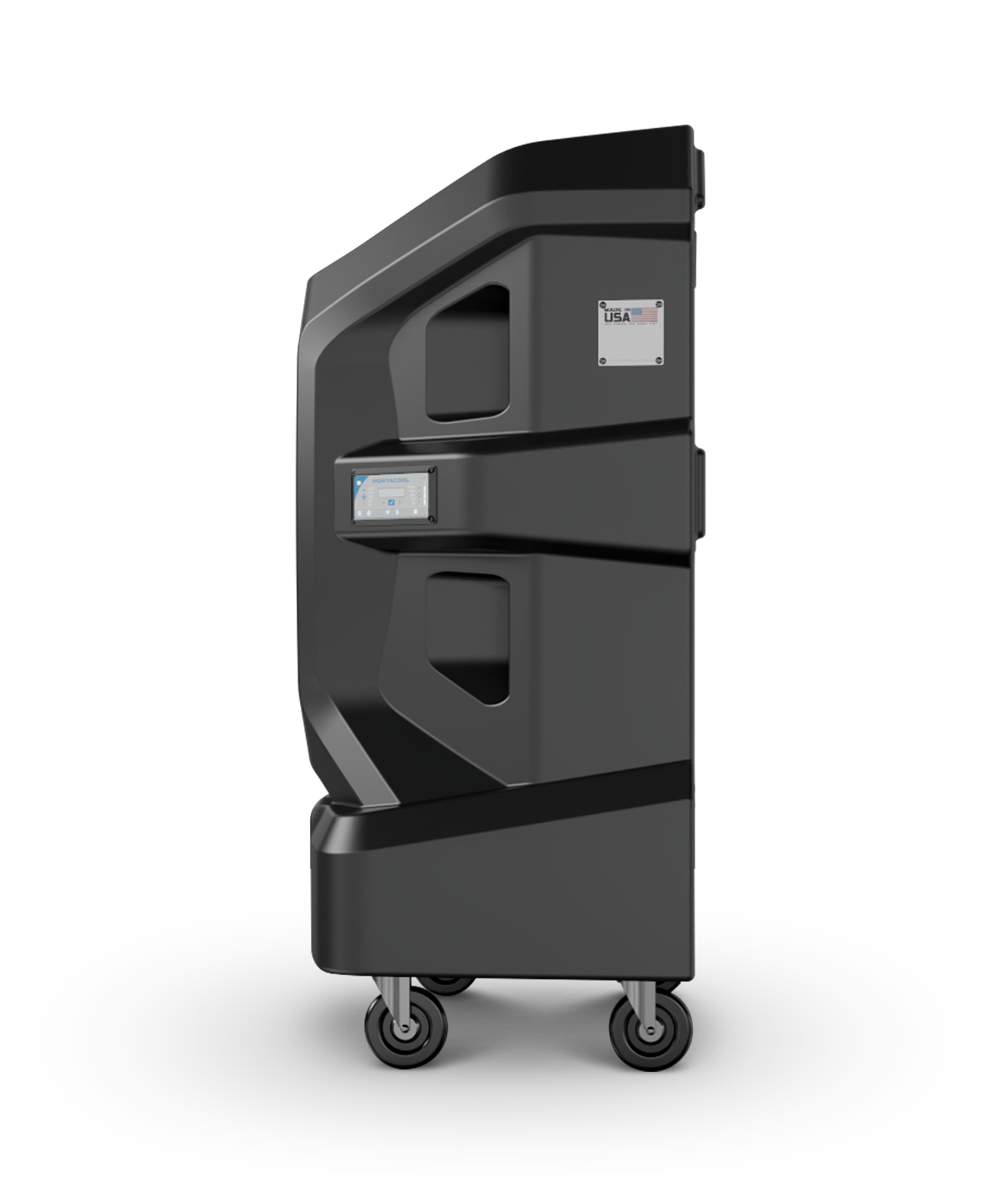 Side view of black APEX™ 2000 container on wheels with angular design and two mounted rectangular devices for efficient storage.