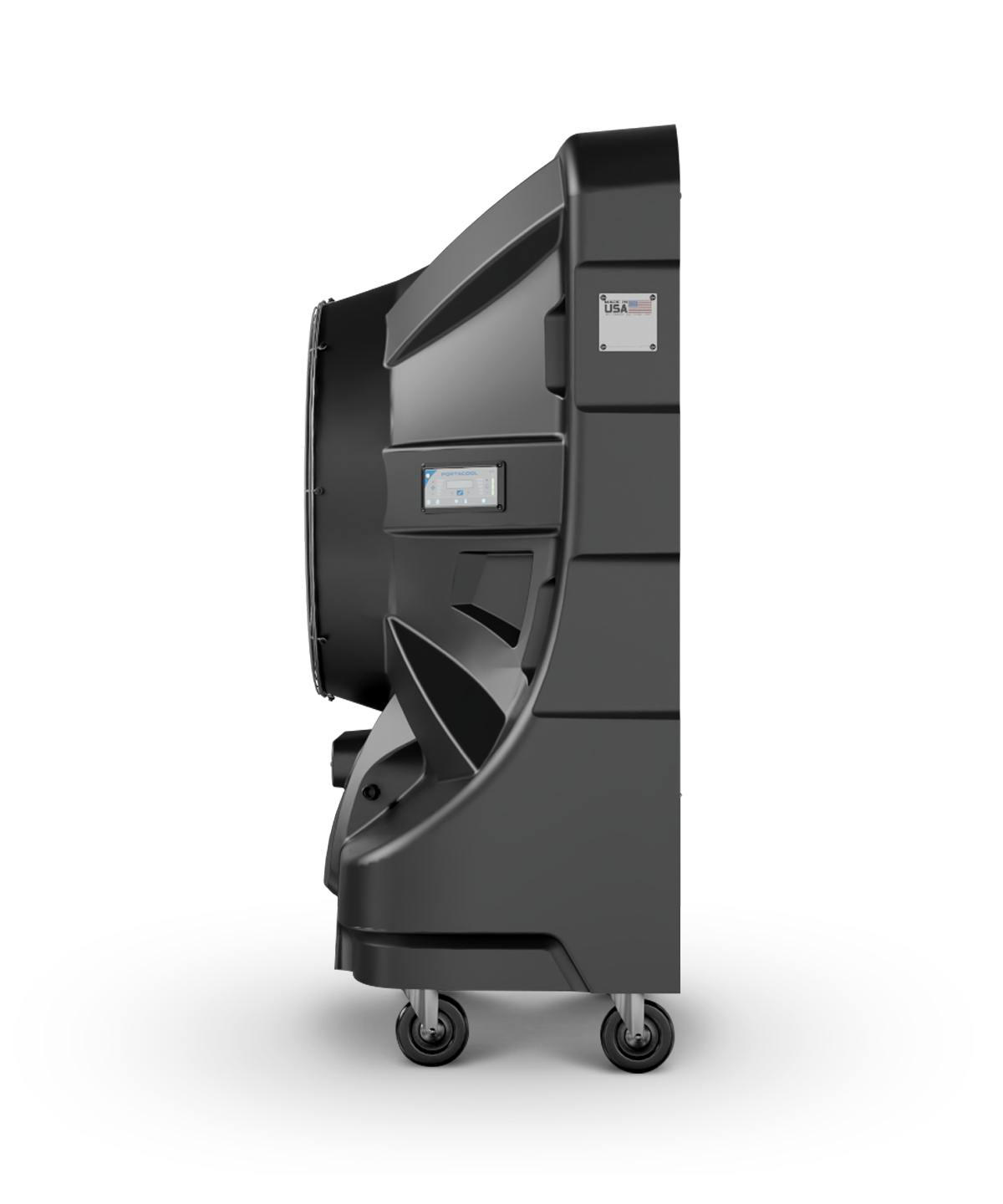 Side view of the APEX™ 4000, a sleek black portable unit on wheels with a circular section and angular body, designed for industrial or outdoor use.