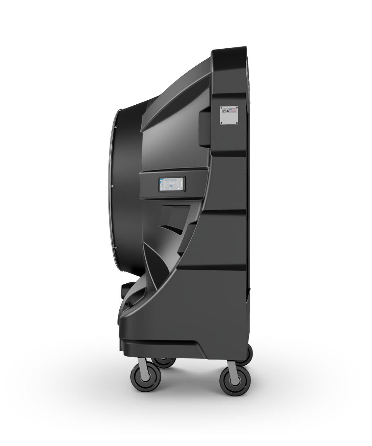 A side view of the APEX 6500 cooler with cylindrical housing, angular design against a black background.