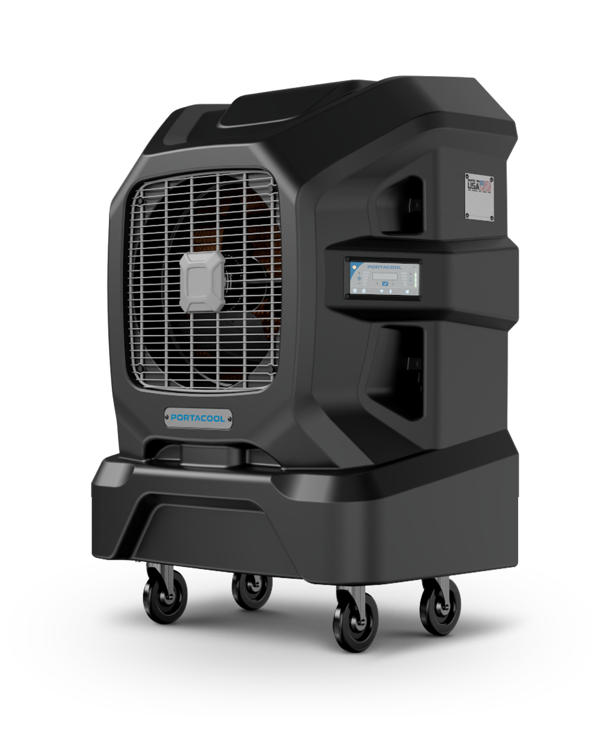 APEX™ 1200: Black portable air cooler with wheels, metal grille, side handle; intuitive controls. "Portacool" featured on the front.