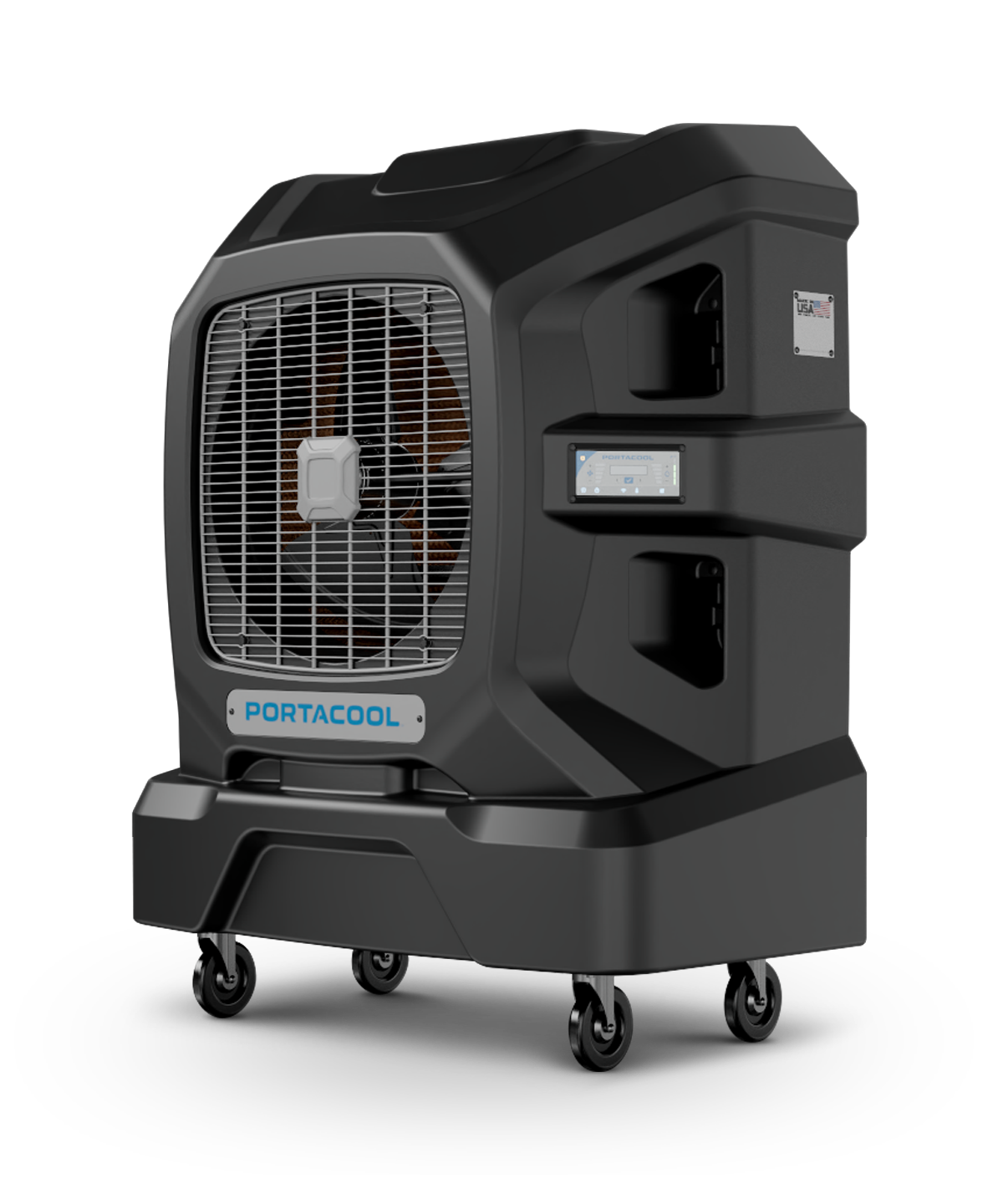 A sleek black Portacool unit on wheels with a large grille and control panel, featuring APEX™ 2000 tech for cooling large areas.