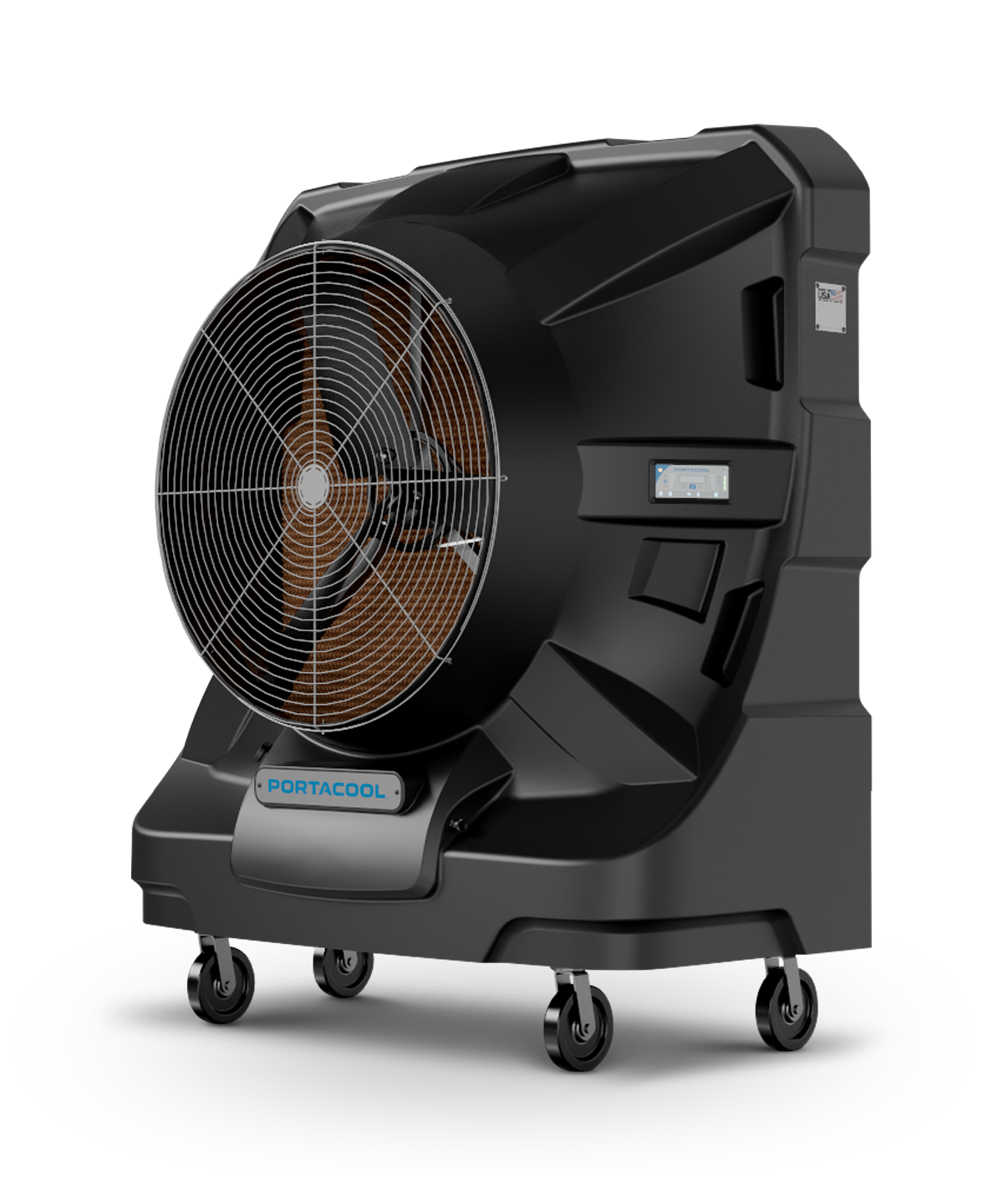 APEX™ 6500 portable evaporative cooler with honeycomb pads, wheels, side control panel; Portacool branding on front.