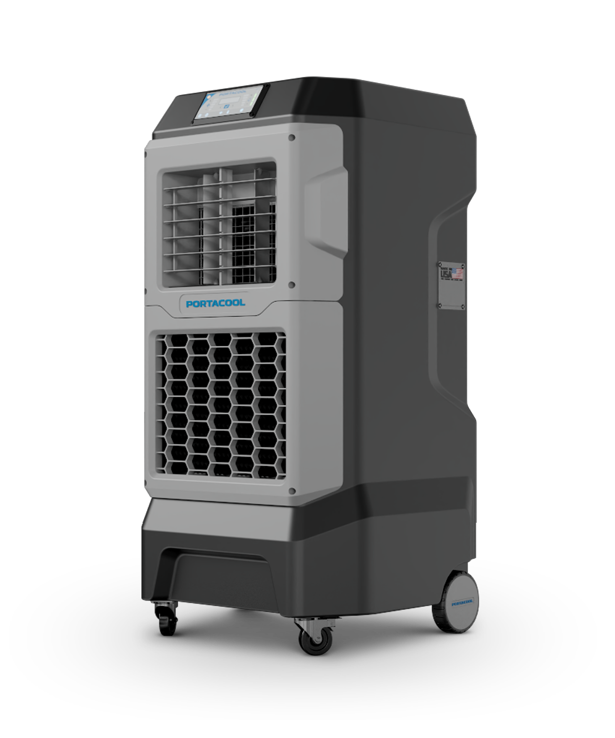 Apex 700 is a black and gray portable evaporative cooler with front air vent, top digital controls, wheels for mobility, and a Portacool logo.