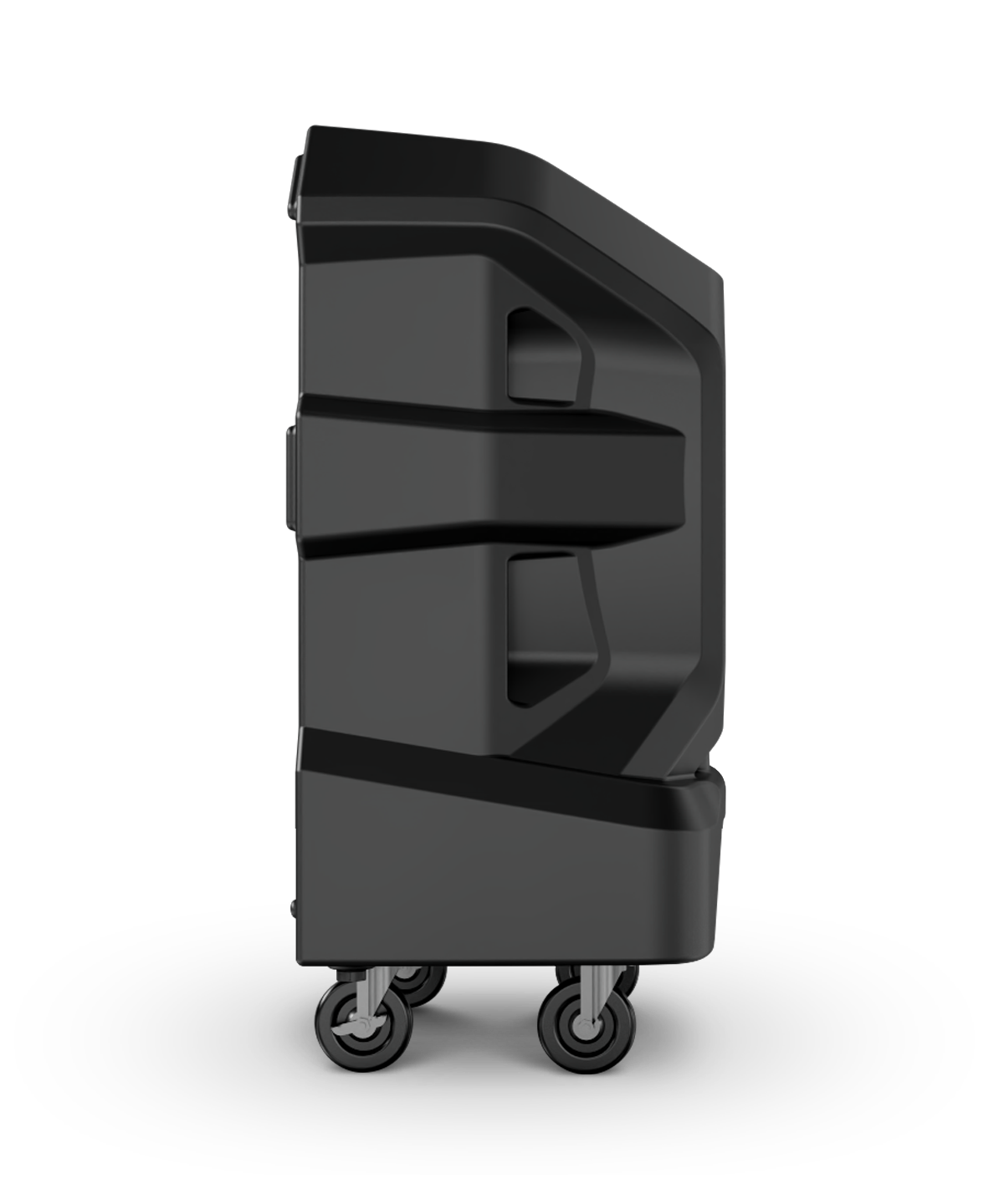 Side view of the APEX™ 1200, a black hard-shell rolling case with ribbed design and durable wheels, on a plain black background.