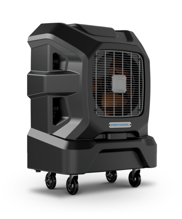 APEX™ 1200 portable evaporative cooler with black casing, front grille, four caster wheels, and a visible brand name on the front.