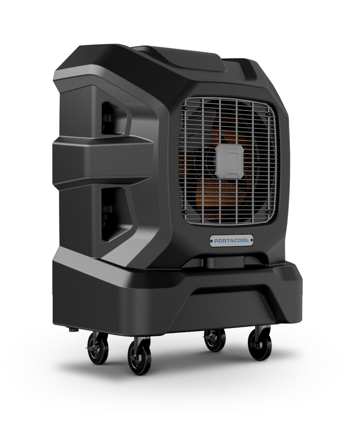 APEX™ 1200 portable evaporative cooler with black casing, front grille, four caster wheels, and a visible brand name on the front.