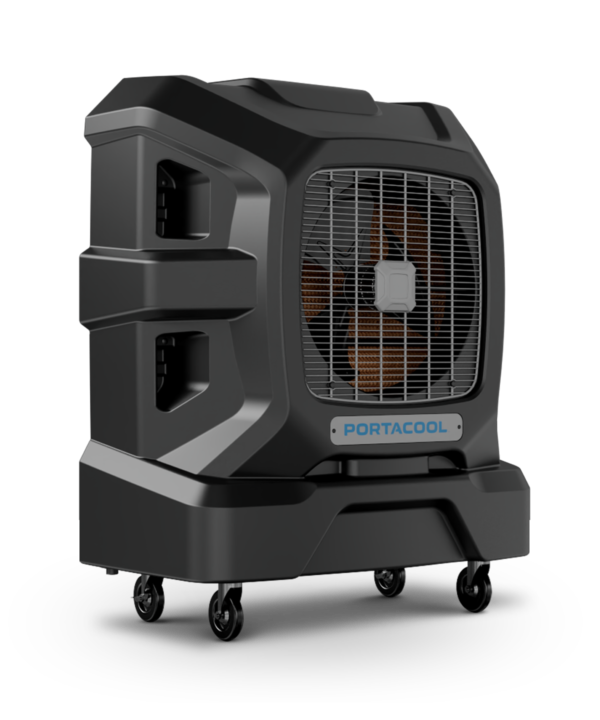 A rugged Apex™ 2000 evaporative cooler with a grid front, logo at the bottom center, and four swivel caster wheels for easy mobility.