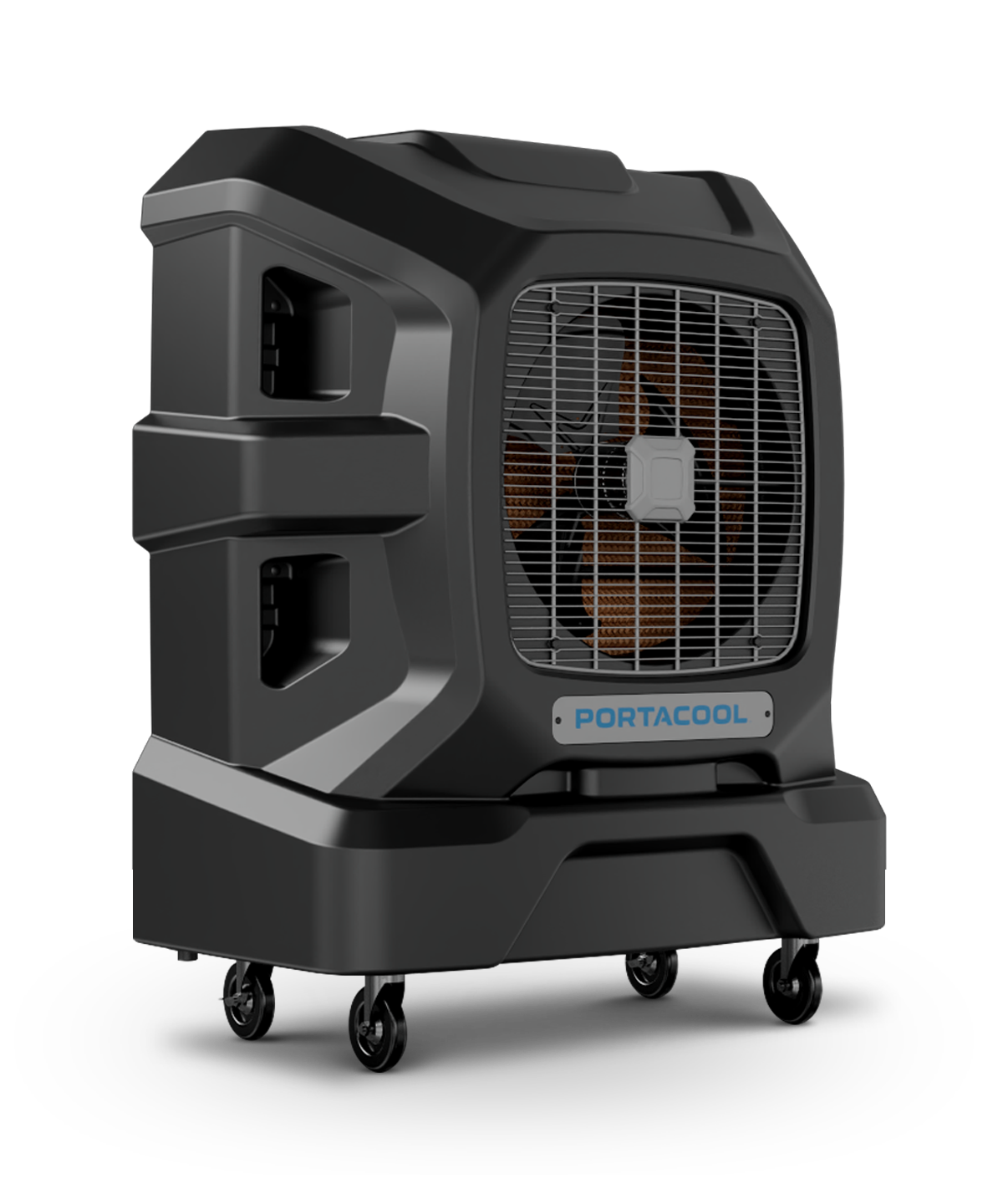 A rugged Apex™ 2000 evaporative cooler with a grid front, logo at the bottom center, and four swivel caster wheels for easy mobility.